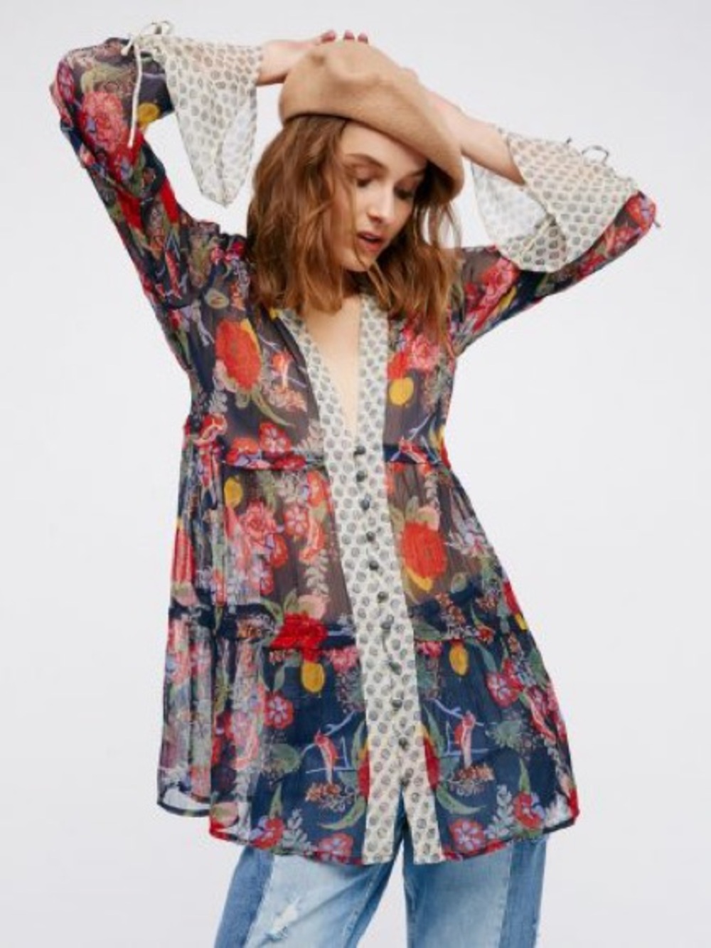 Free People Mixed Print Floral Chiffon Blouse XS Boho Multicolor